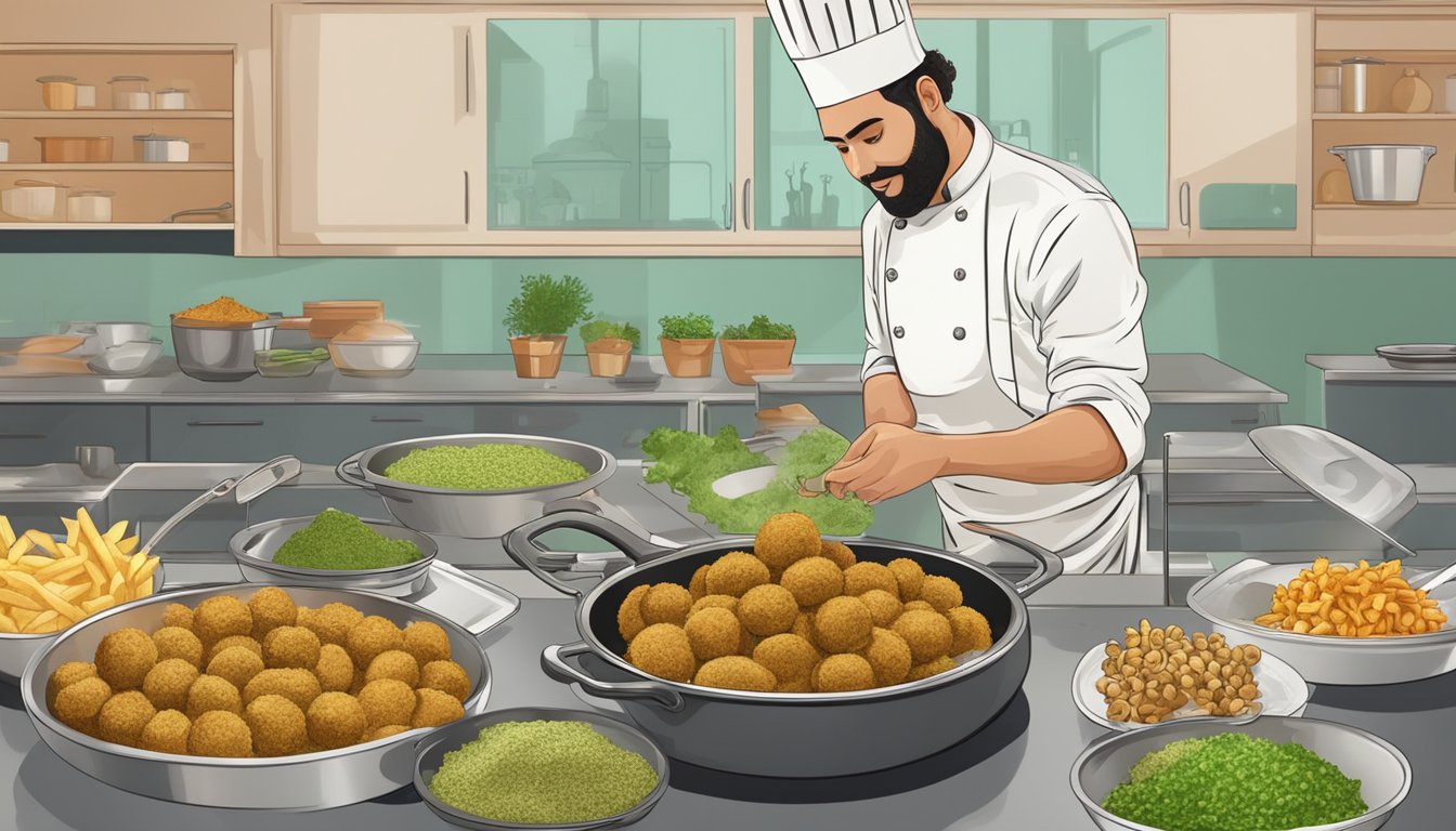 A chef mixes falafel mix with herbs and spices, shapes into balls, and fries them in a pan