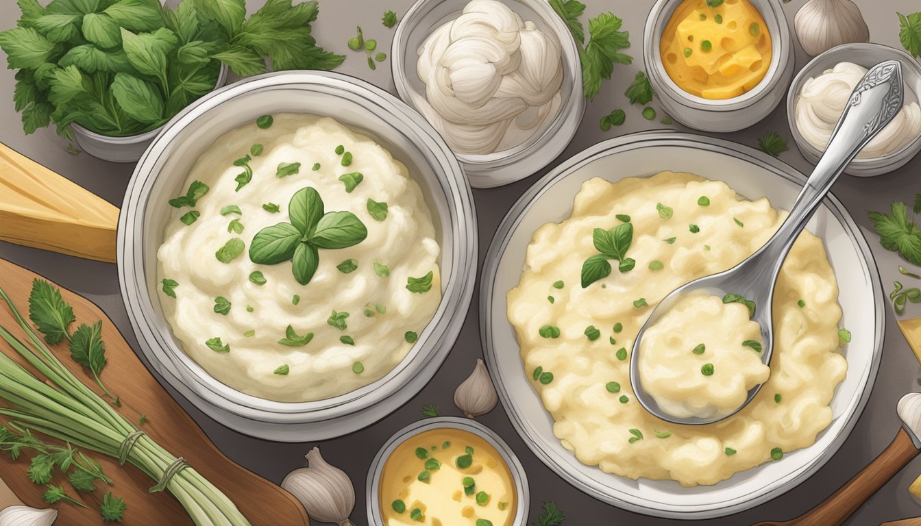 Steam rising from a bowl of creamy mashed potatoes, surrounded by ingredients like garlic, herbs, and cheese. A spoon mixing in rich and complex flavors