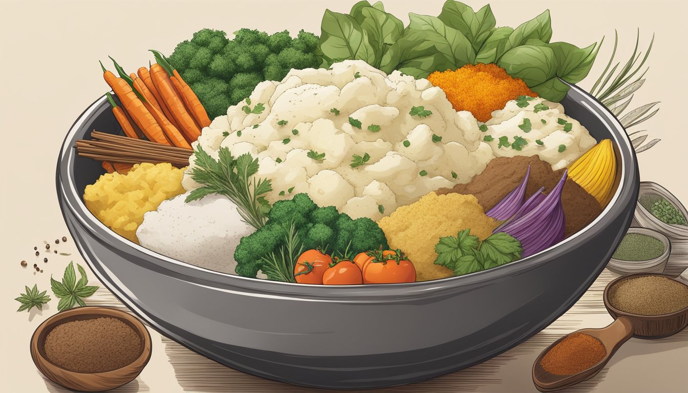 A variety of global ingredients blend together in a bowl, surrounding a pile of instant mashed potatoes. Spices, herbs, and vegetables add color and flavor to the mix