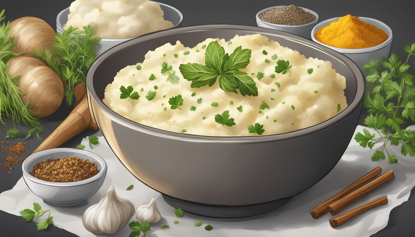 A bowl of instant mashed potatoes surrounded by fresh herbs, garlic cloves, and a variety of spices and seasonings