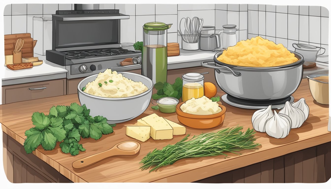 A kitchen counter with various ingredients and utensils for upgrading instant mashed potatoes. Ingredients include herbs, cheese, and bacon bits