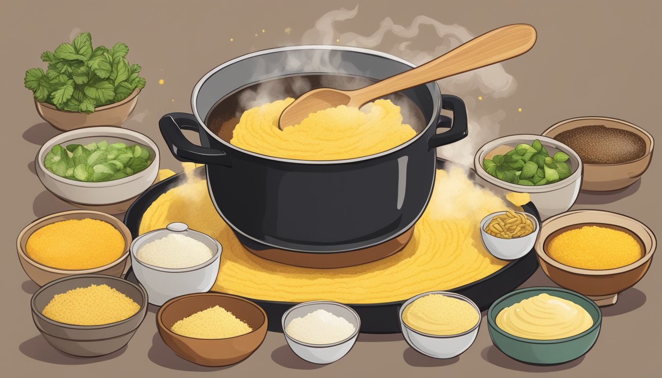 A steaming pot of instant polenta being stirred with a wooden spoon, surrounded by bowls of various sweet and savory ingredients