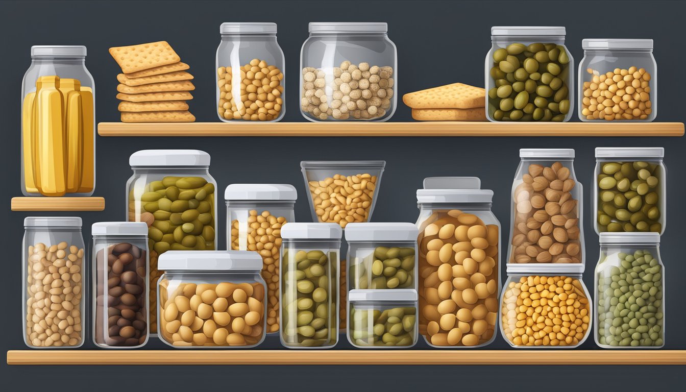 A well-stocked pantry with jars of olives, cans of chickpeas, bags of nuts, and assorted crackers and breadsticks