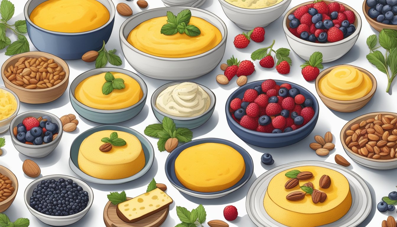 A table spread with bowls of sweet and savory instant polenta dishes, surrounded by colorful ingredients like berries, nuts, herbs, and cheese