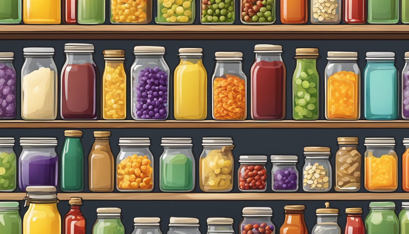 A colorful array of jars and bottles filled with various flavorful condiments and toppings arranged on a pantry shelf