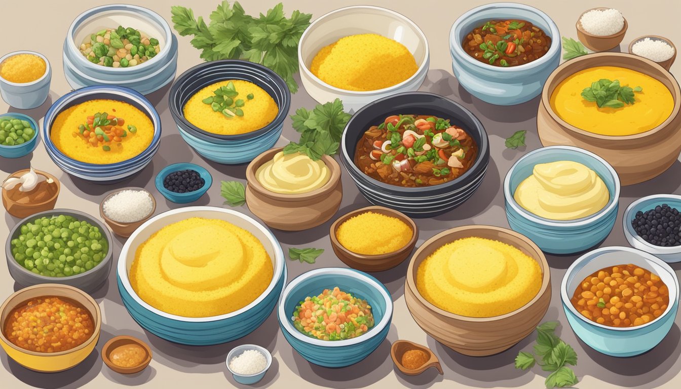 A table filled with bowls of colorful and flavorful toppings, surrounded by pots of steaming sweet and savory instant polenta