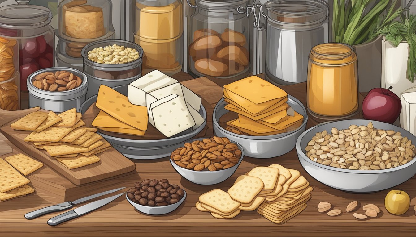 A neatly organized pantry shelf displays a variety of appetizer ingredients, including crackers, cheeses, nuts, and dried fruits. A small serving board and knife are ready for assembly