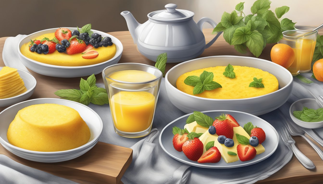 A table set with a variety of dishes, including a steaming bowl of sweet polenta topped with fresh fruit and a savory polenta dish garnished with herbs and cheese