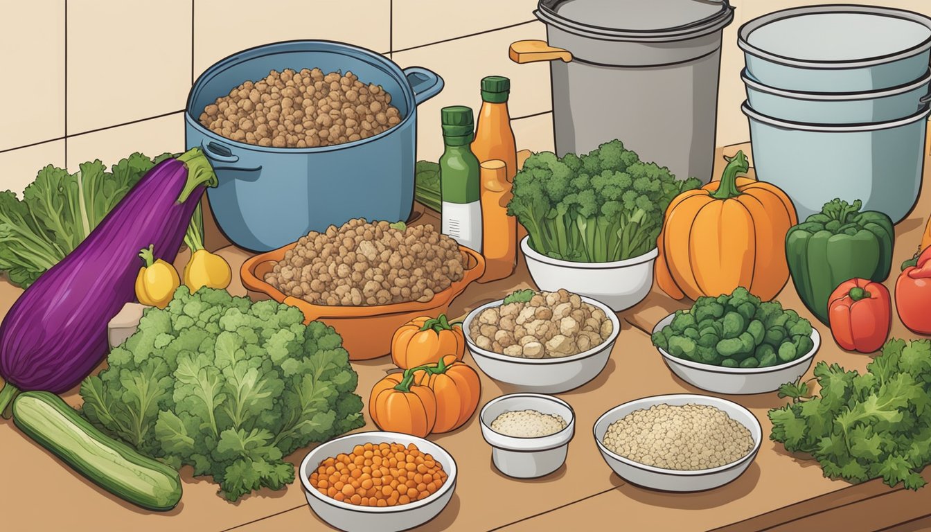 A colorful array of fresh vegetables surrounding a box of stuffing mix, with various ingredients and utensils scattered around on a kitchen counter