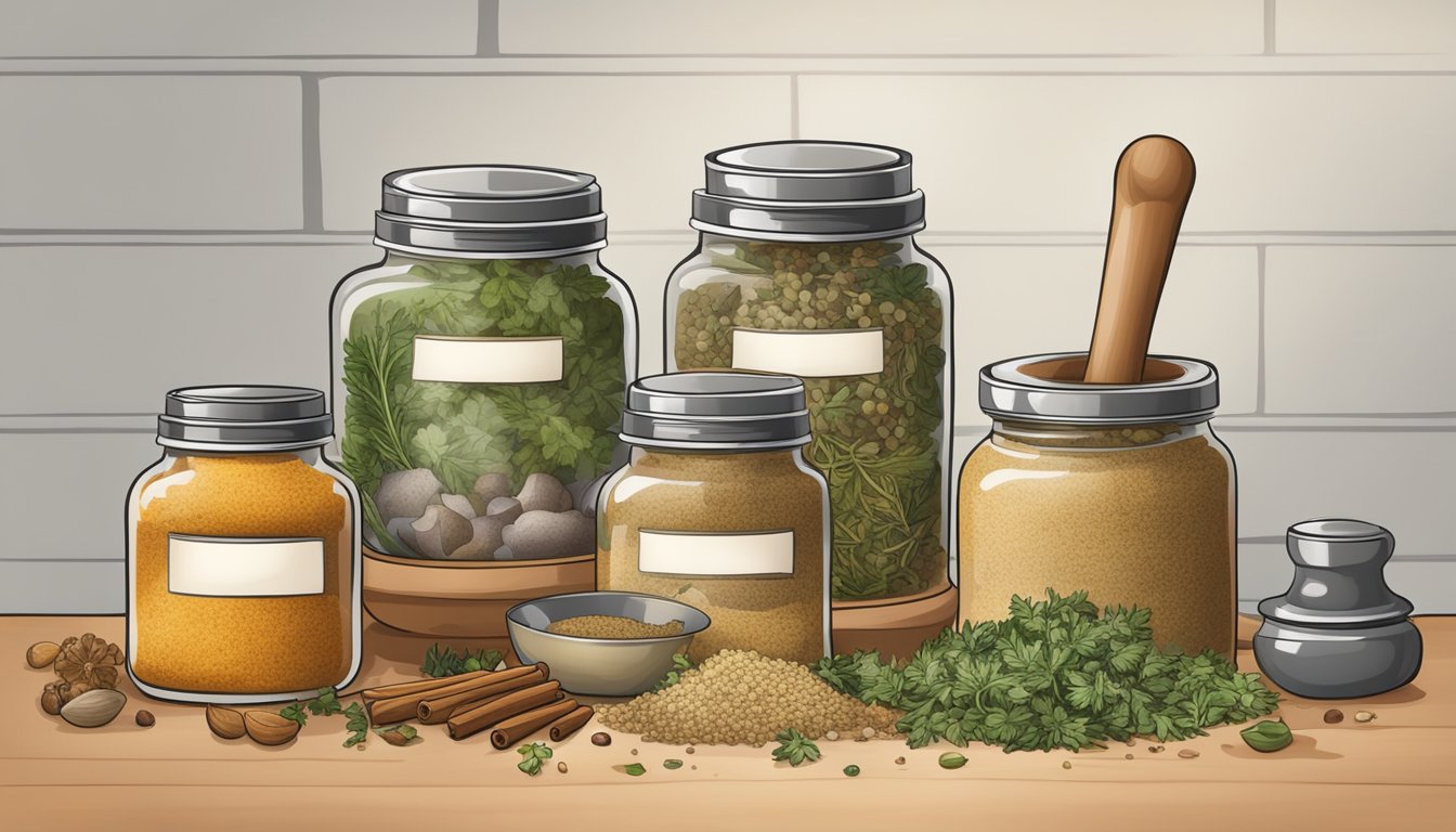 A variety of herb and spice jars surround a boxed stuffing mix, with a mortar and pestle nearby