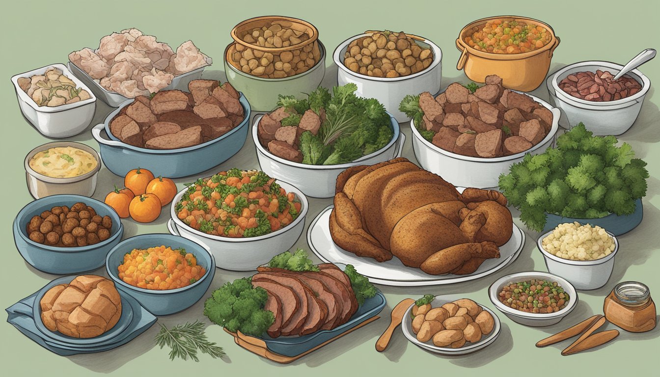 A table set with various cooked meats, vegetables, and herbs alongside a box of stuffing mix, with serving suggestions and pairings displayed