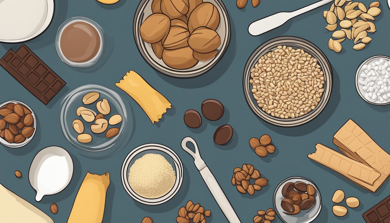 A variety of ingredients and tools scattered on a kitchen counter, including nuts, chocolate chips, and a mixing bowl