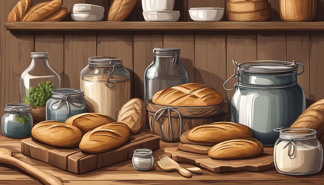 A rustic kitchen scene with a wooden table holding a variety of homemade bread loaves, surrounded by jars of ingredients and baking utensils