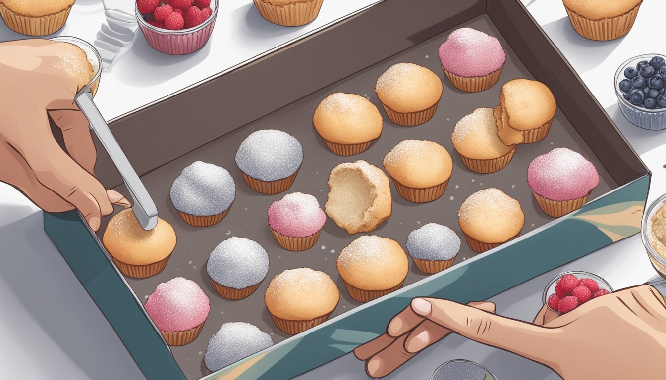 A hand reaching for a neatly arranged presentation box of upgraded muffin mix, surrounded by final touches like fresh berries and a sprinkle of powdered sugar