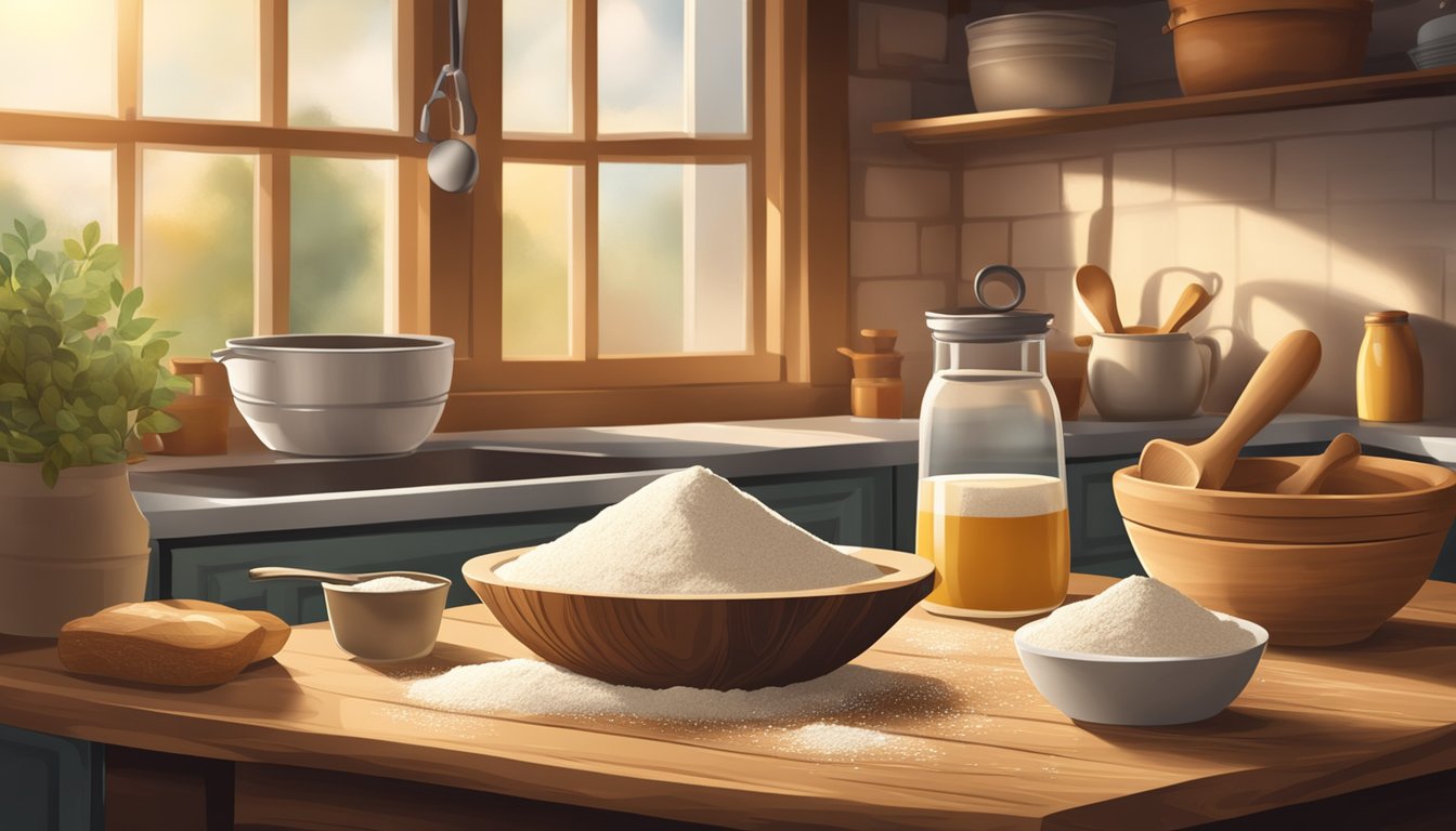 A rustic kitchen scene with a wooden table, flour, yeast, and a mixing bowl. A warm, inviting atmosphere with natural light streaming in