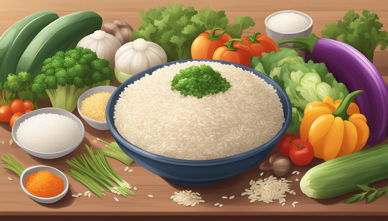 A steaming bowl of instant rice surrounded by colorful vegetables and seasonings on a kitchen counter