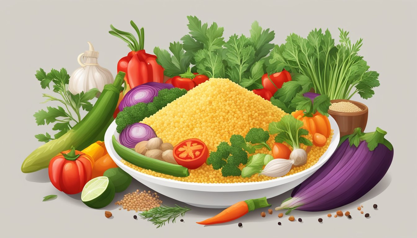 A variety of colorful vegetables and herbs arranged around a bowl of steaming couscous, with various spices and seasonings nearby