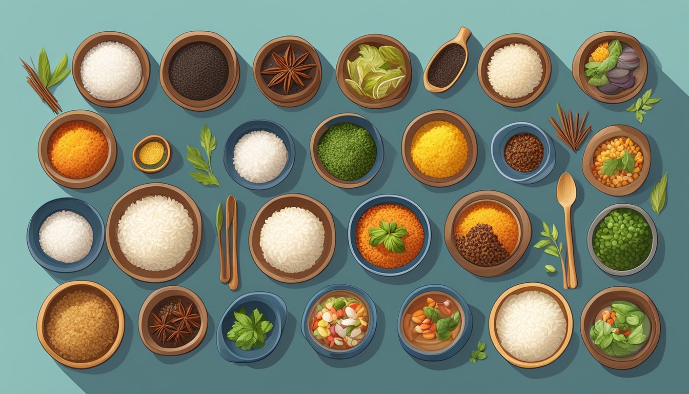 A table set with colorful bowls of rice dishes from around the world, each with unique spices and ingredients