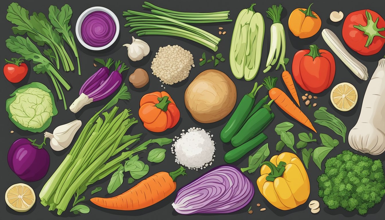 A colorful array of fresh vegetables, protein, and seasonings spread out on a sheet pan, ready to be roasted into a delicious and convenient one-pan meal