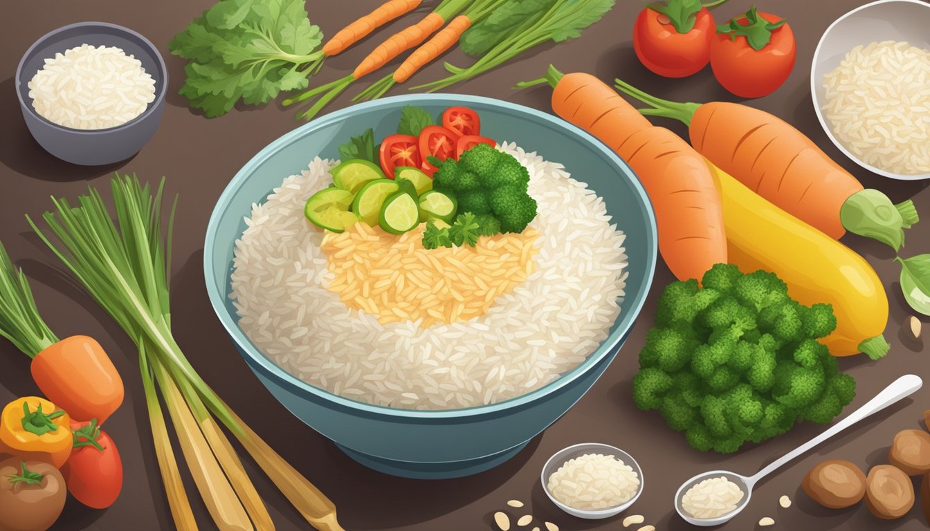 A steaming bowl of instant rice mixed with colorful vegetables, surrounded by fresh produce and cooking utensils on a kitchen counter