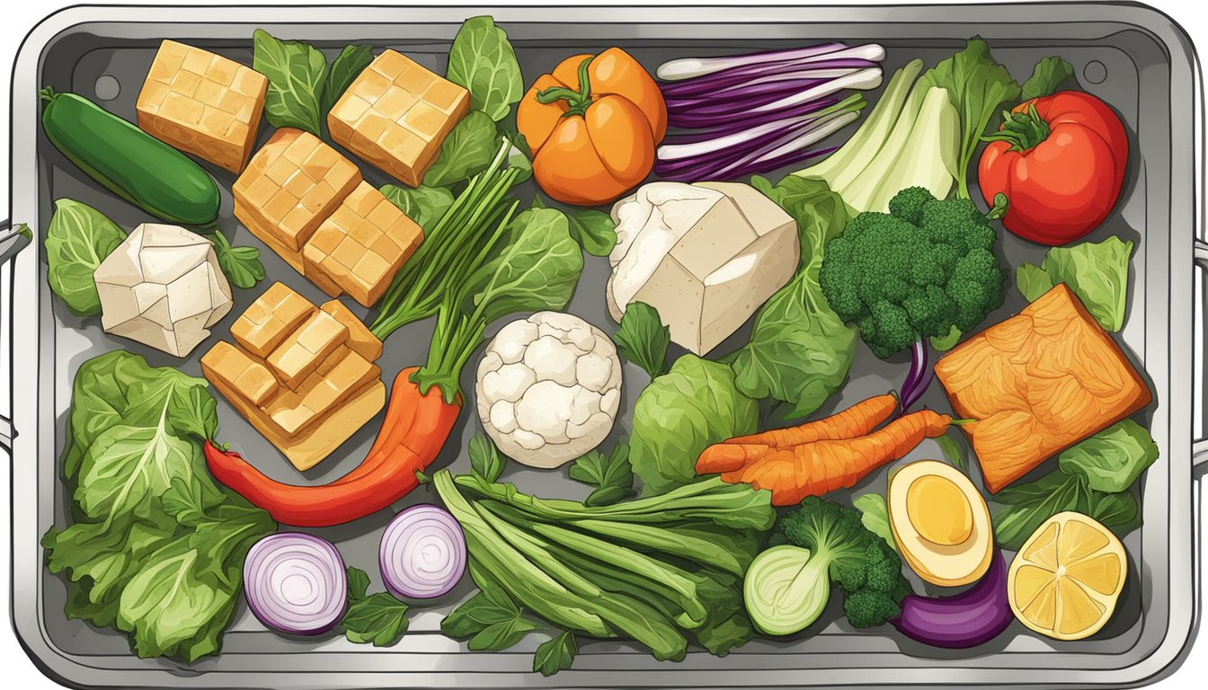 A colorful array of fresh vegetables, tofu, and chicken arranged on a sheet pan, ready to be roasted in the oven