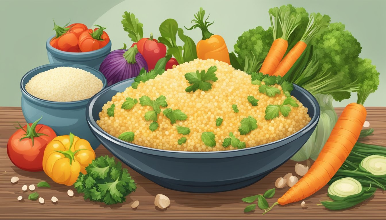 A steaming bowl of fluffy couscous surrounded by colorful vegetables and herbs on a rustic wooden table