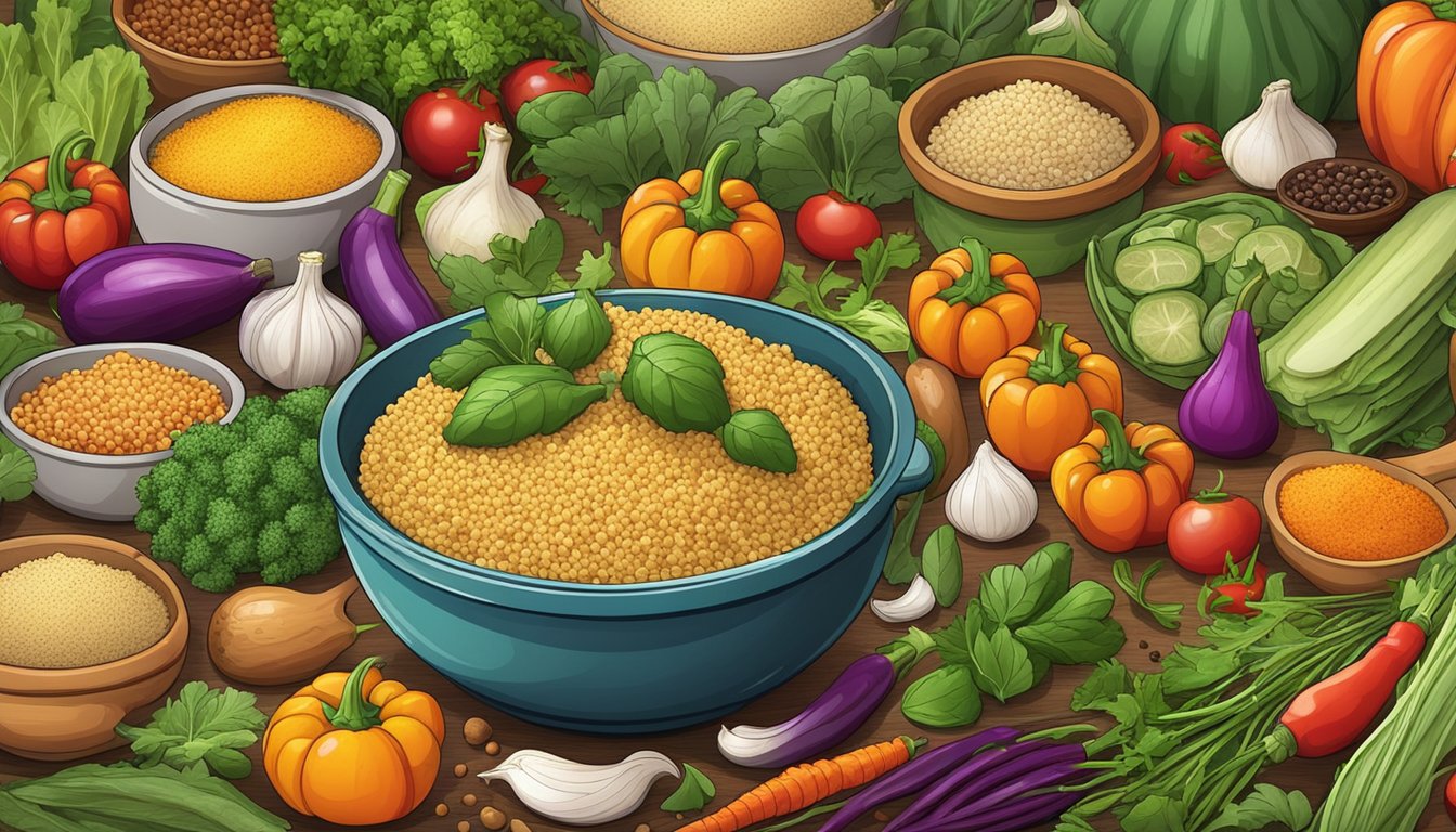 A colorful array of fresh vegetables, herbs, and spices surround a bowl of steaming couscous, offering a variety of add-ons and toppings to enhance the dish