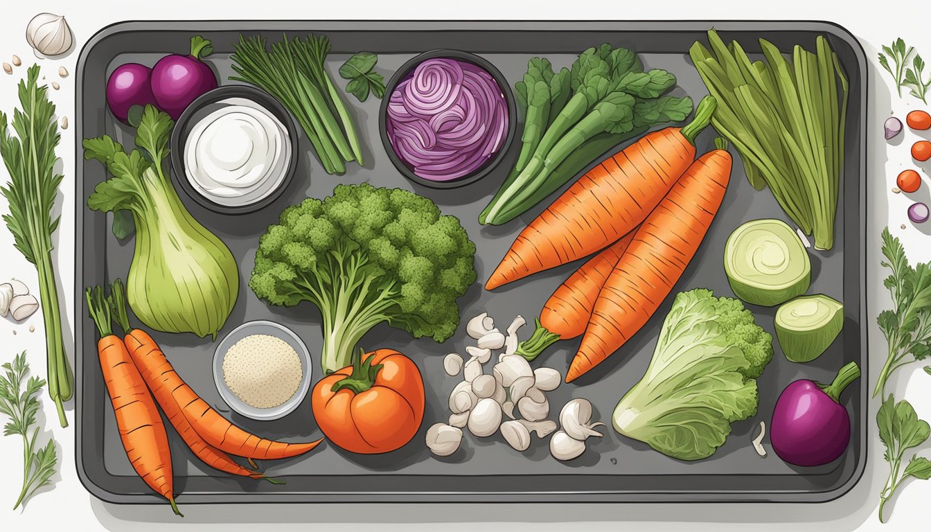 A colorful array of fresh vegetables, herbs, and protein arranged on a sheet pan, ready to be roasted in the oven