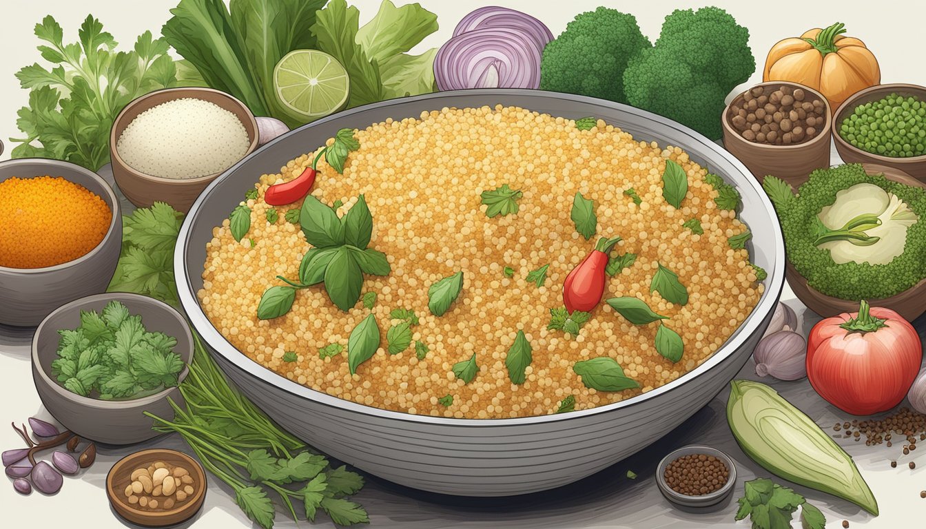 A bowl of couscous surrounded by various fresh vegetables, herbs, and spices, with a nutrition label displayed next to it