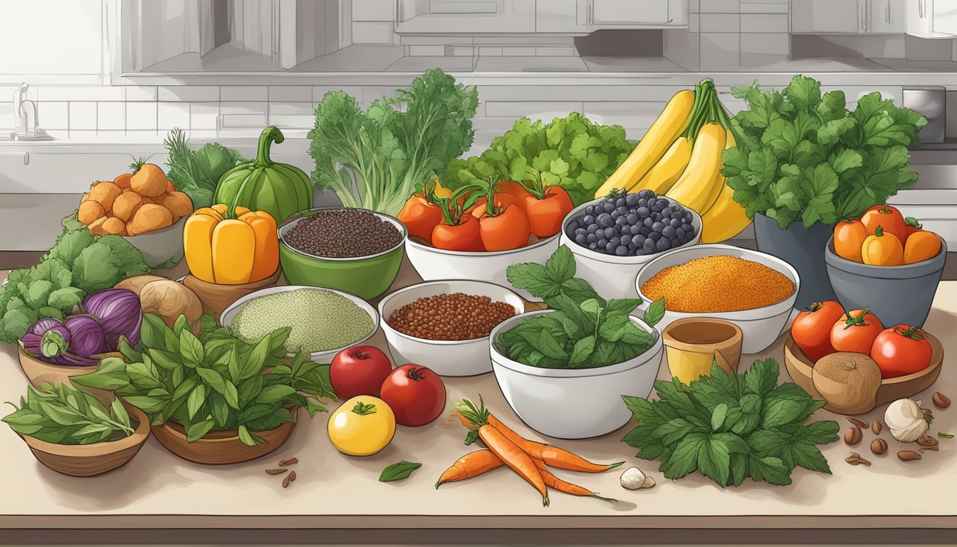 A colorful array of fresh herbs, spices, and various fruits and vegetables arranged on a kitchen counter next to a sheet pan filled with a delicious and aromatic dinner dish