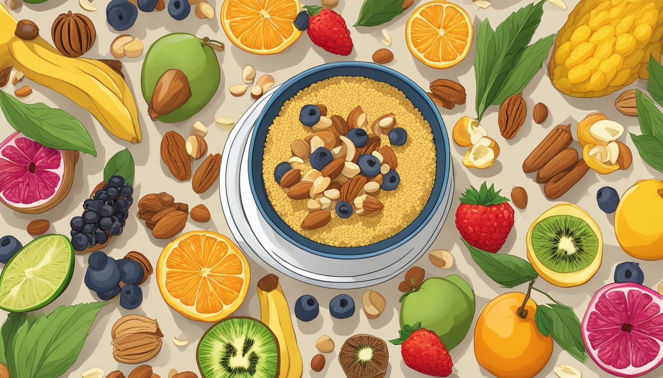 A colorful array of fresh fruits, nuts, and spices surround a steaming bowl of instant couscous, ready to be mixed and enjoyed for a creative breakfast option