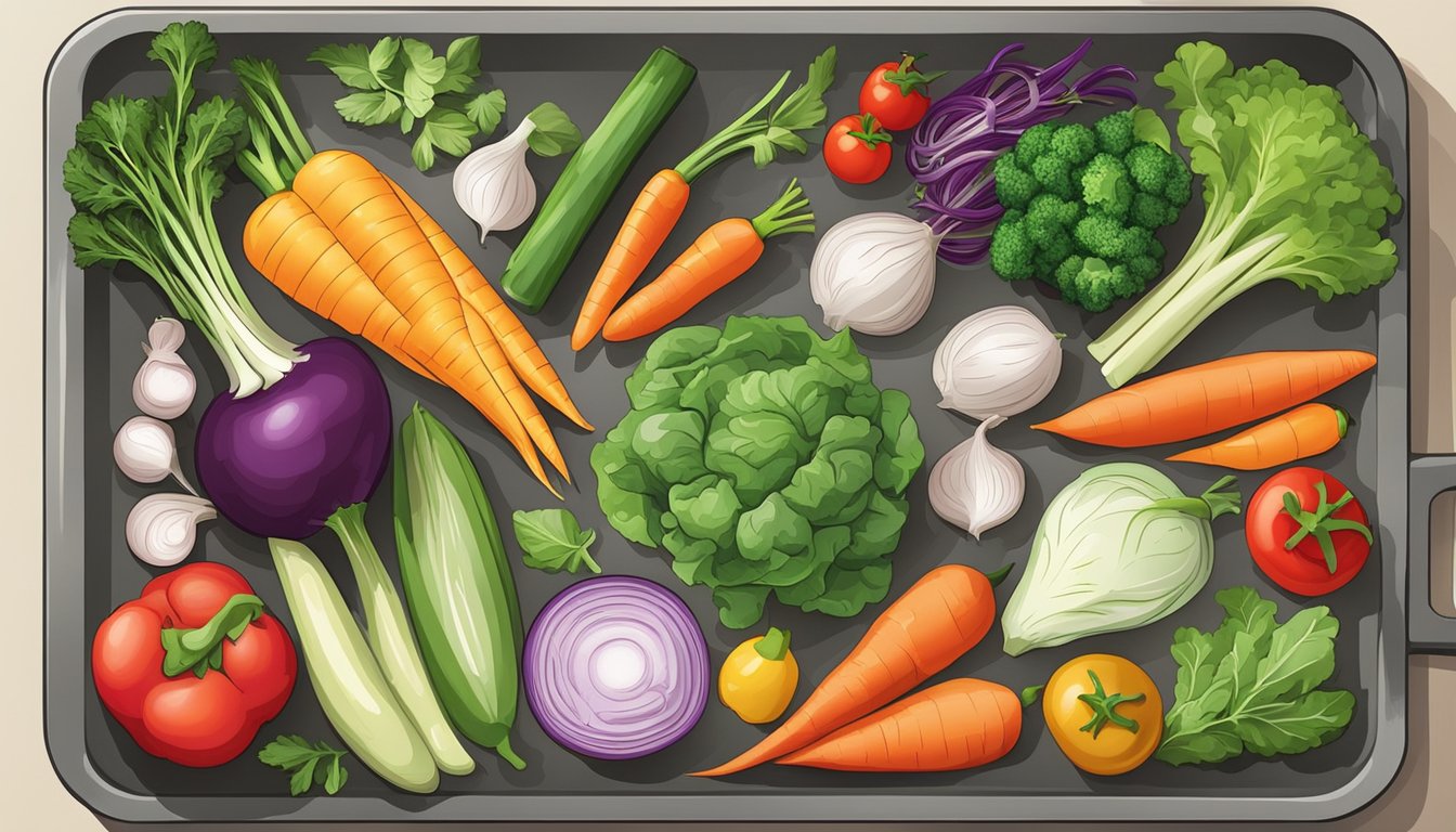 A colorful array of fresh vegetables, herbs, and protein arranged on a sheet pan, ready for roasting in the oven