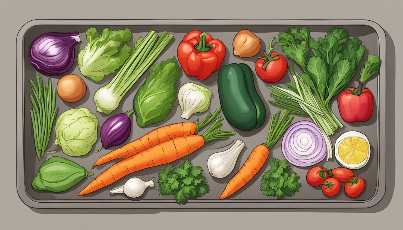 A colorful array of fresh vegetables, herbs, and protein arranged on a sheet pan, ready to be roasted in the oven