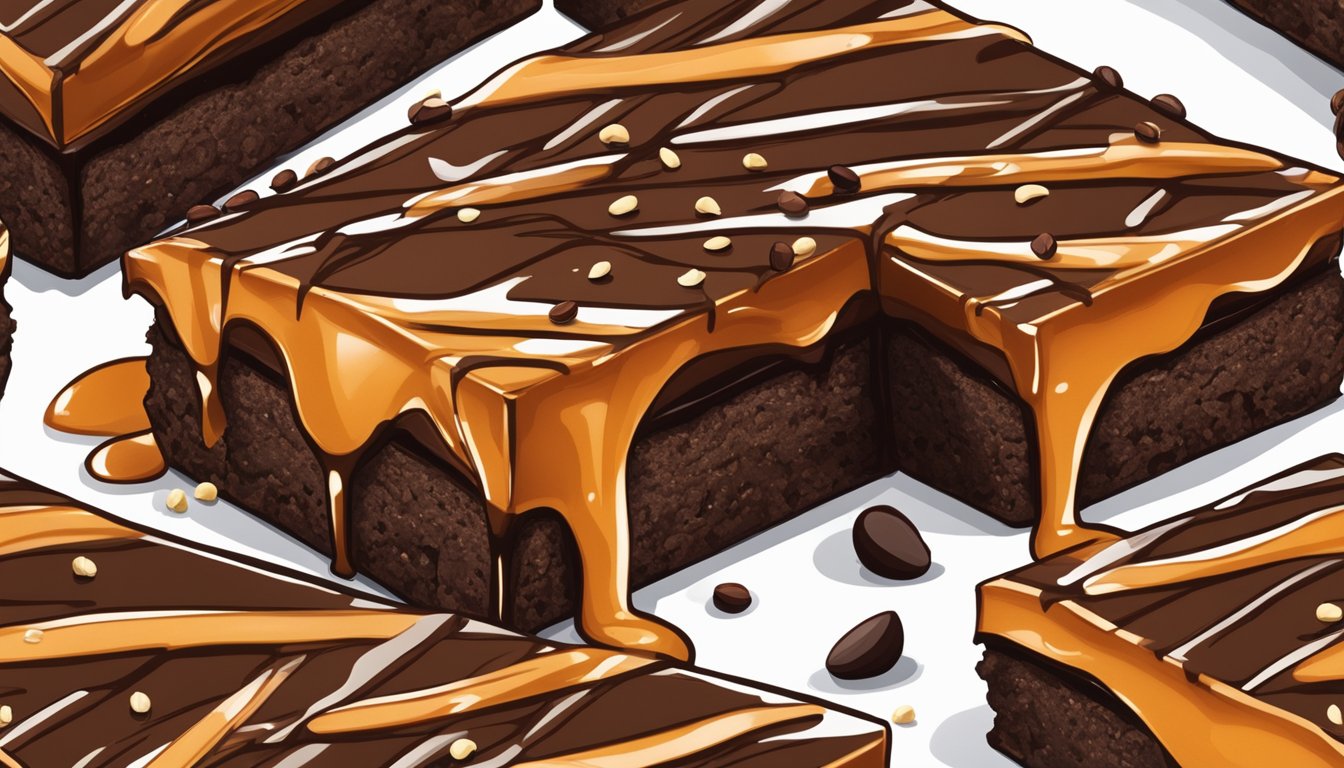 A close-up of a rich, fudgy brownie with layers of gooey caramel, crunchy nuts, and a drizzle of smooth chocolate ganache on top