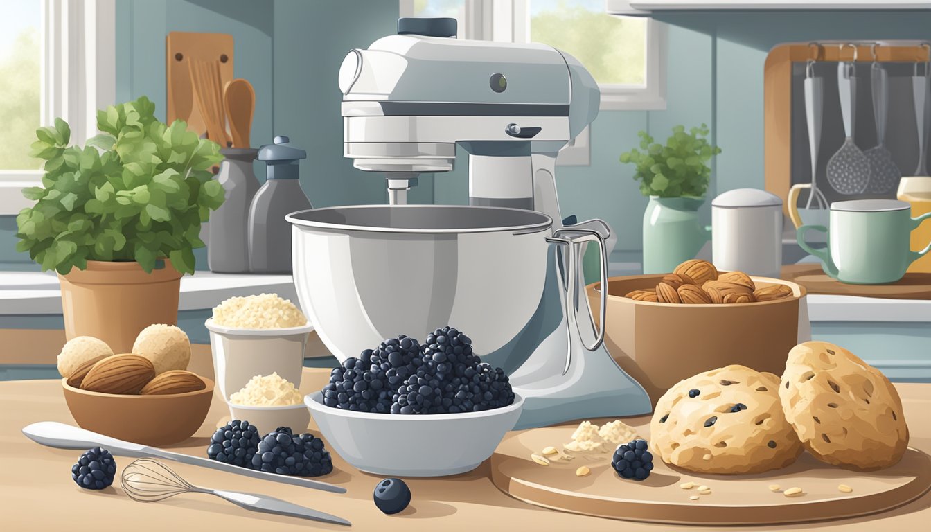 A kitchen counter with a box of scone mix, a mixing bowl, a whisk, and various add-ins like berries or nuts