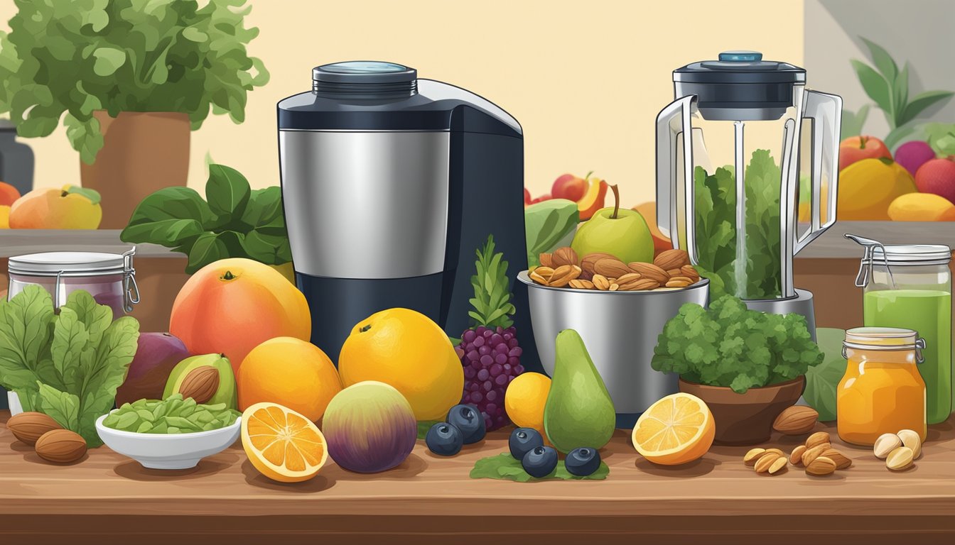 A colorful array of fresh fruits, leafy greens, nuts, and seeds arranged on a wooden countertop next to a blender and jars of ingredients