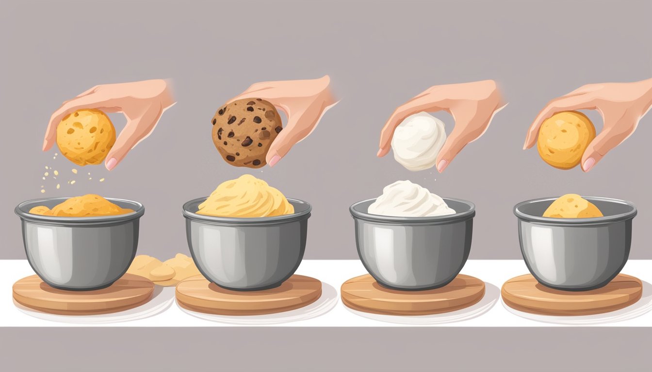 A hand mixing scone mix with various ingredients, transforming into muffins, cookies, and bread