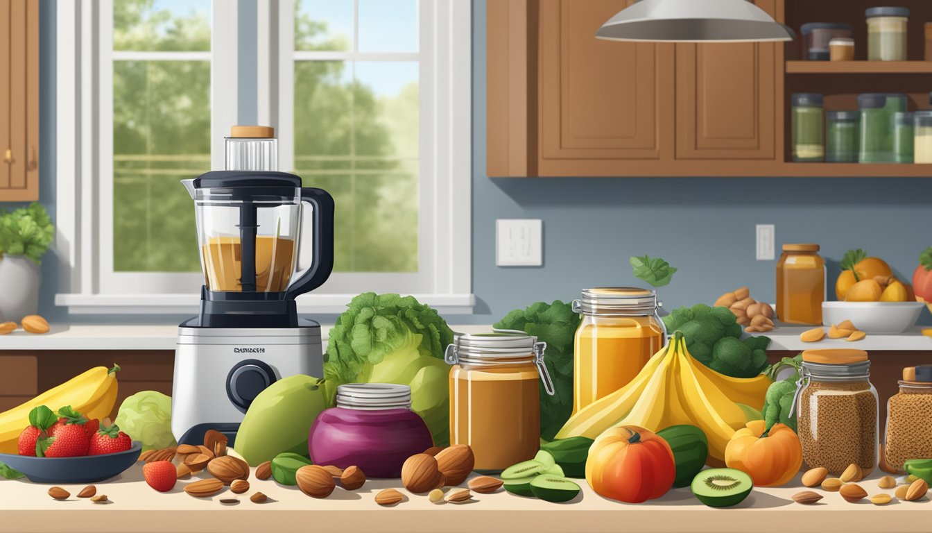 A variety of fresh fruits, vegetables, nuts, and seeds arranged on a kitchen counter next to a blender, with jars of honey and nut butter in the background