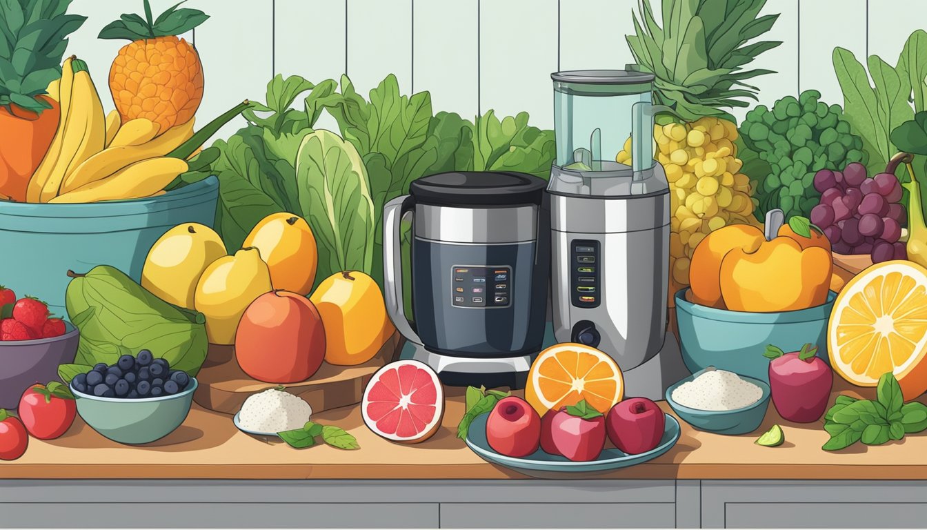 A colorful array of fresh fruits, leafy greens, and various kitchen appliances and tools are arranged on a countertop, ready to be used for creating the perfect pantry-based smoothie recipes