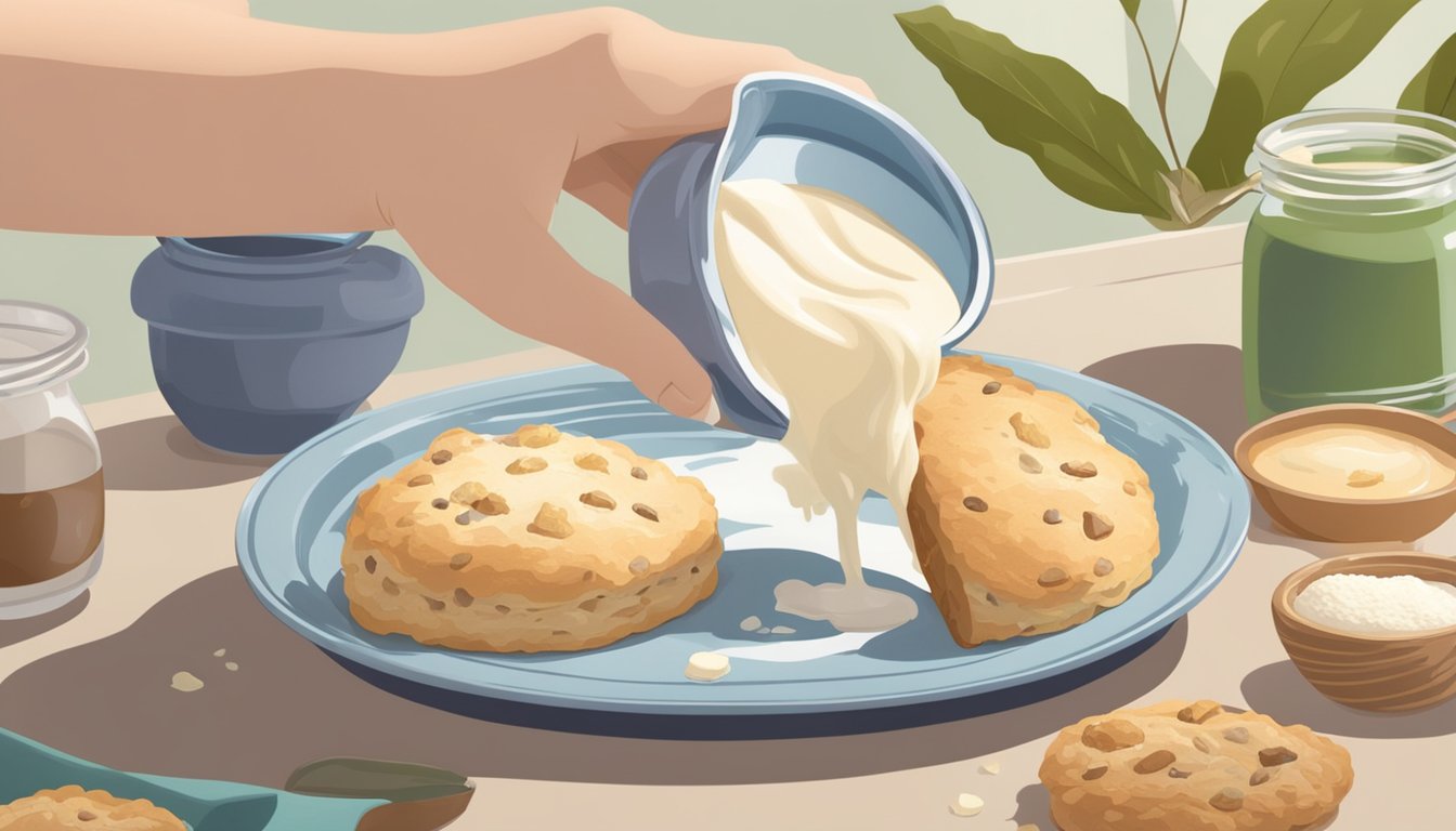 A hand pouring milk into a bowl of scone mix, with a spoon and additional ingredients nearby