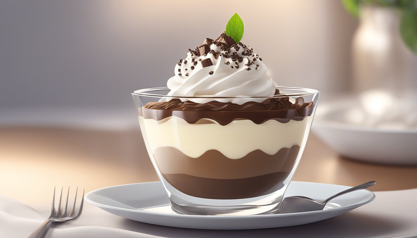 A glass bowl filled with smooth, creamy pudding topped with a dollop of whipped cream and a sprinkle of chocolate shavings, served on a white dessert plate