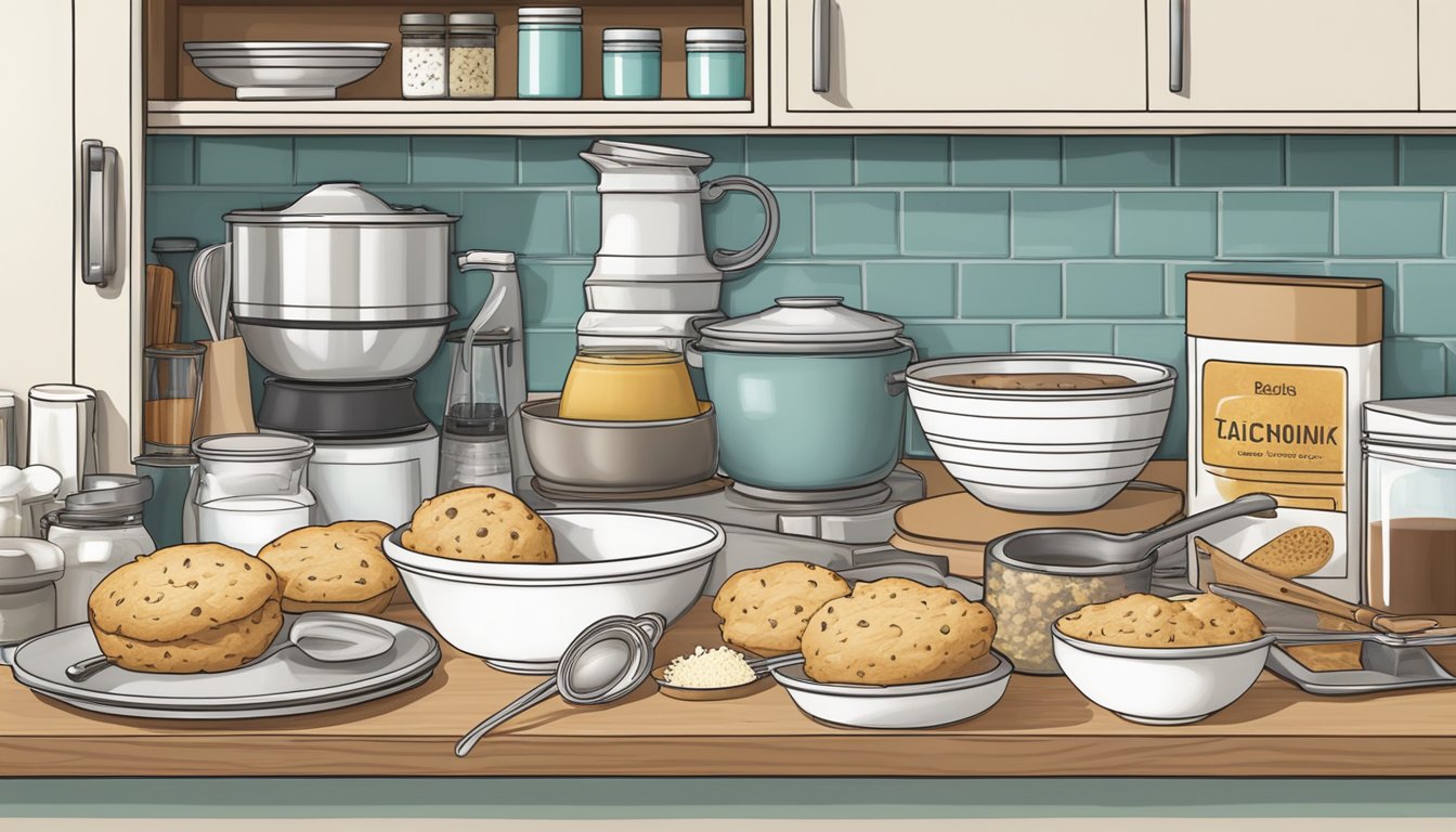 A kitchen counter with a bowl of boxed scone mix, surrounded by ingredients and utensils for advanced baking techniques