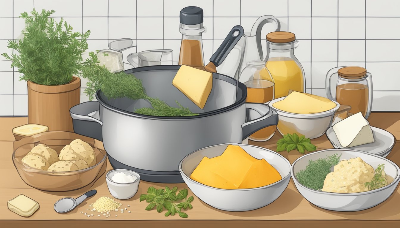 A kitchen counter with various ingredients and tools for making savory scones, including boxed scone mix, herbs, cheese, and a mixing bowl