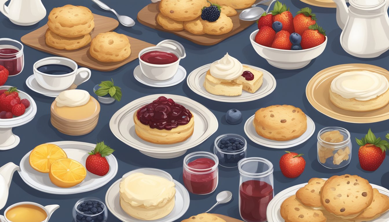 A table set with a variety of scone mix ingredients and serving suggestions, such as fresh fruit, jam, and clotted cream