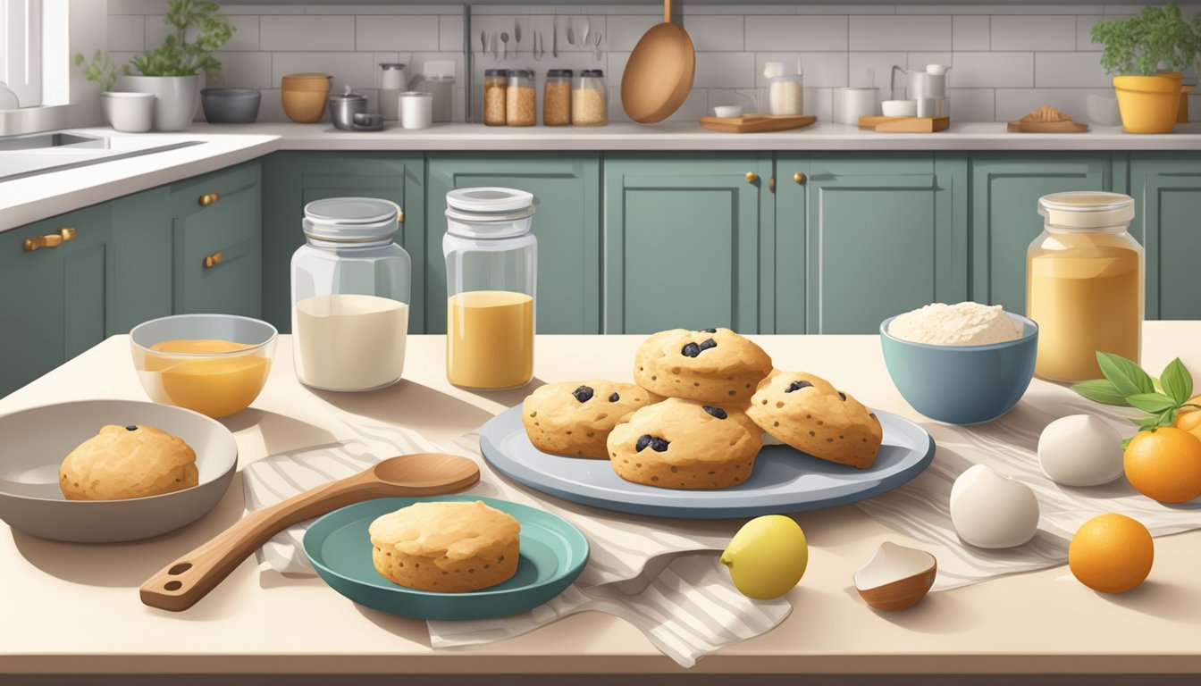 A kitchen counter with open boxes of scone mix, surrounded by various ingredients and kitchen tools for creative baking