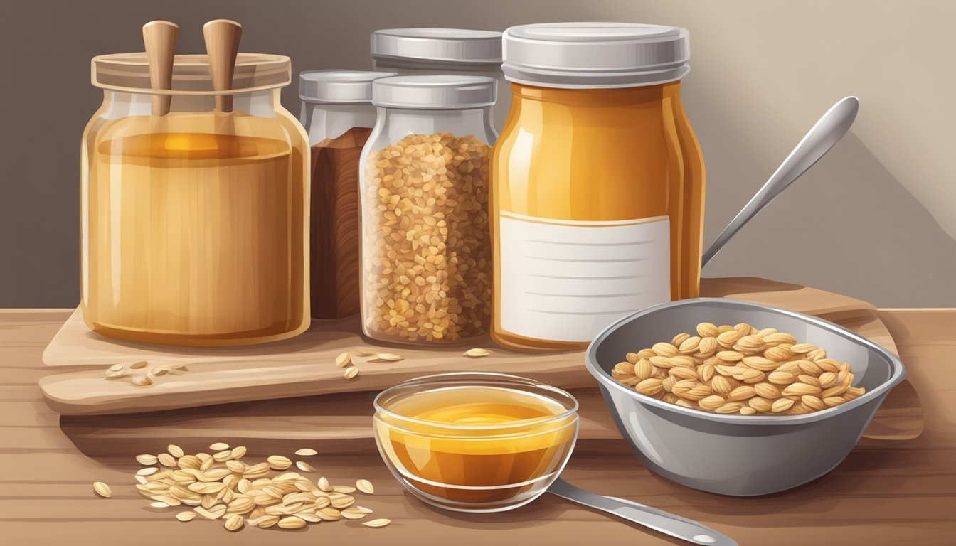 A wooden table with assorted pantry items like oats, nuts, and honey. A mixing bowl and a spoon sit next to a baking tray lined with parchment paper