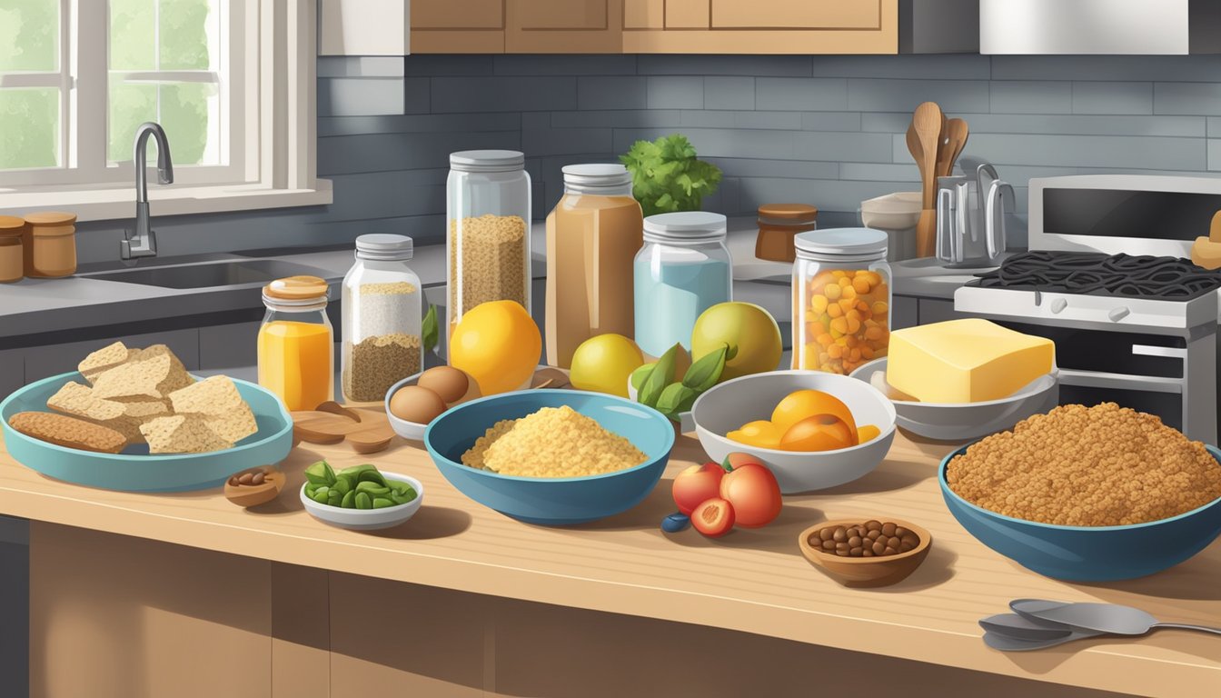 A kitchen counter with various pantry staples and ingredients for customizing breakfast bars