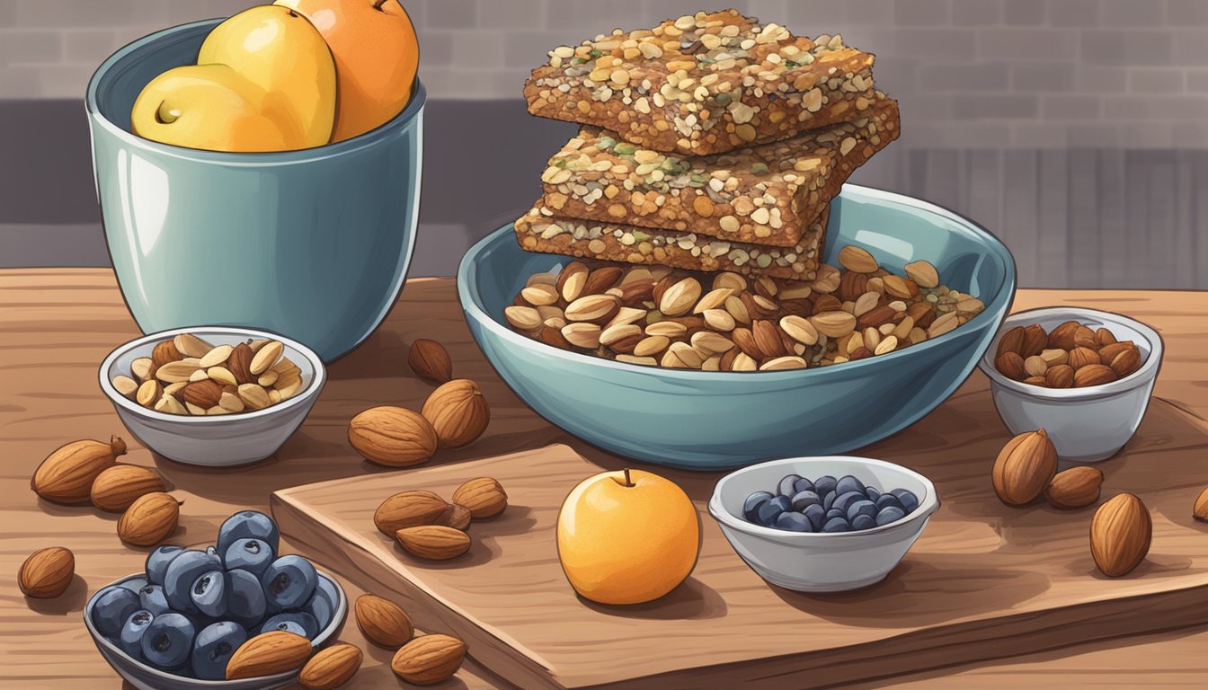 A bowl of fresh fruit, nuts, and seeds sits next to a stack of homemade breakfast bars on a wooden kitchen counter