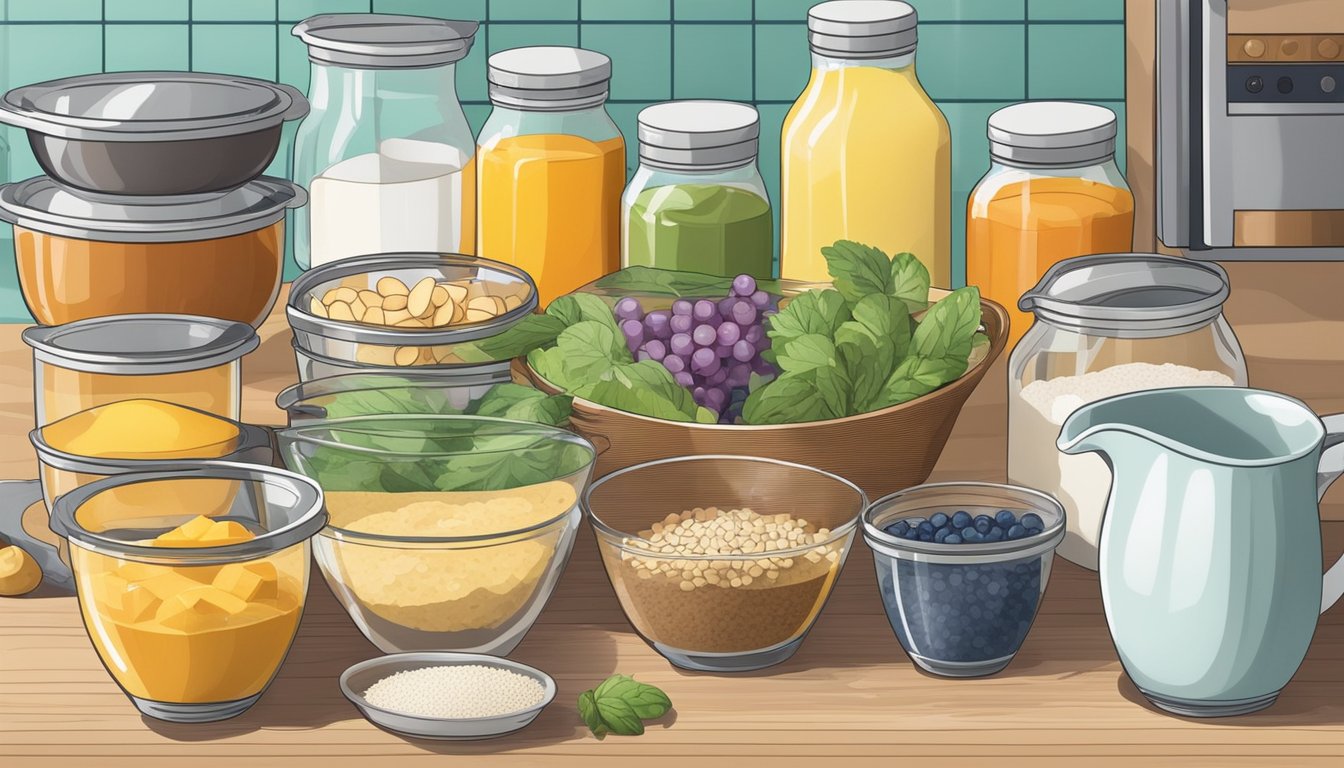 A kitchen counter with assorted pantry staples and ingredients for making breakfast bars. Mixing bowls, measuring cups, and a recipe book are also present