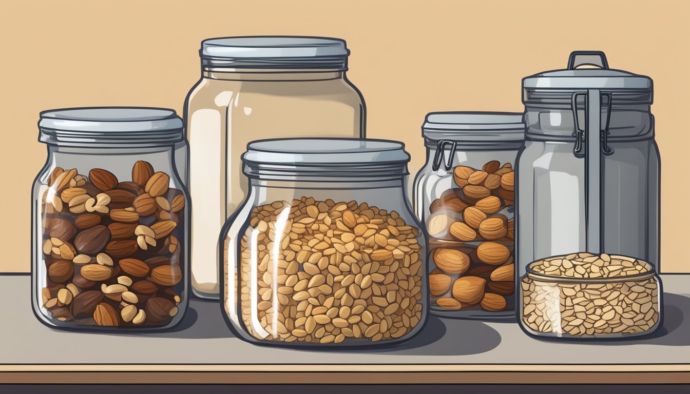 A kitchen counter with neatly arranged jars of oats, nuts, and dried fruits, alongside a stack of homemade breakfast bars in airtight containers